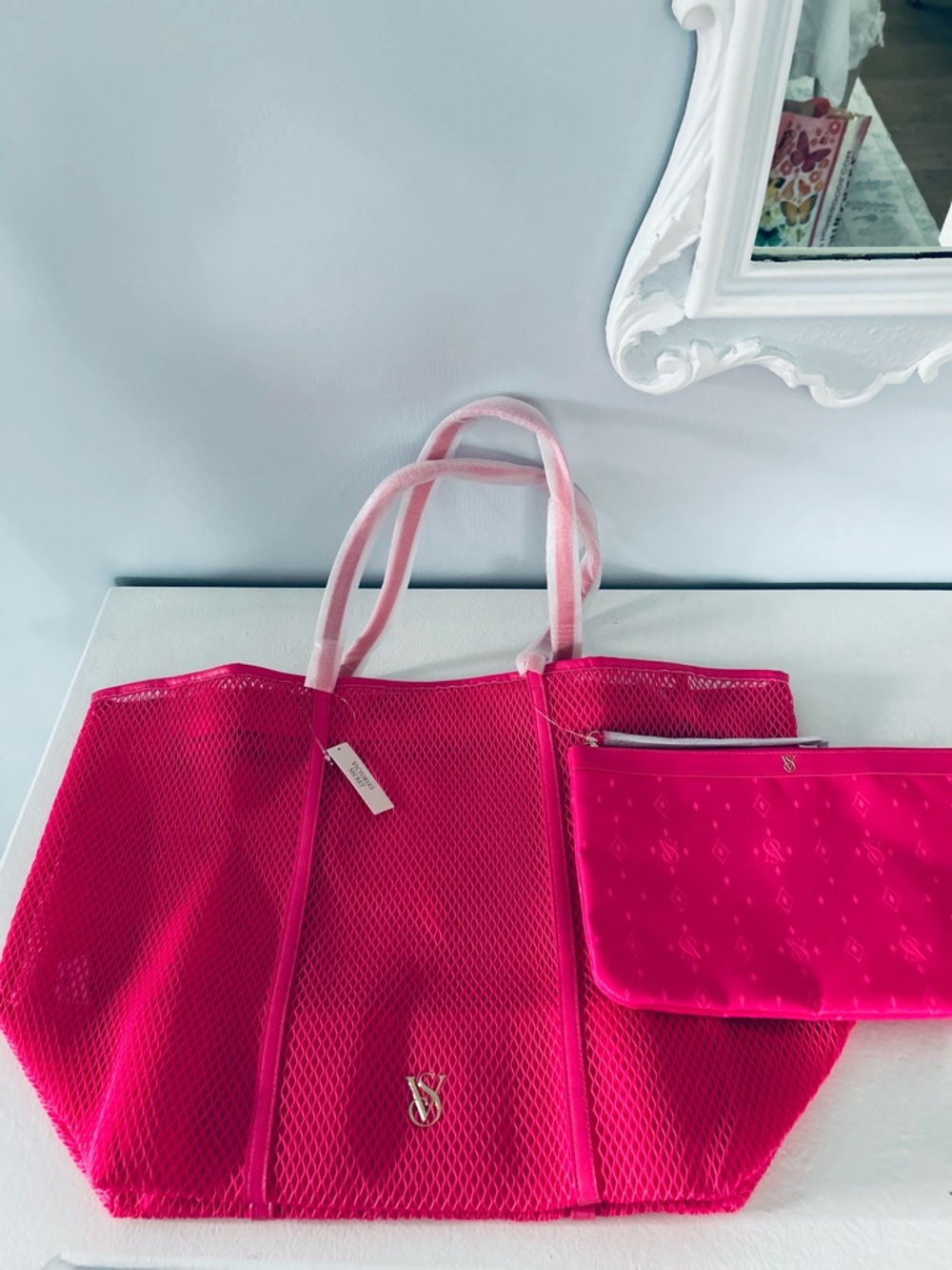 Victoria's Secret Hot Pink Mesh Tote with Matching Pouch